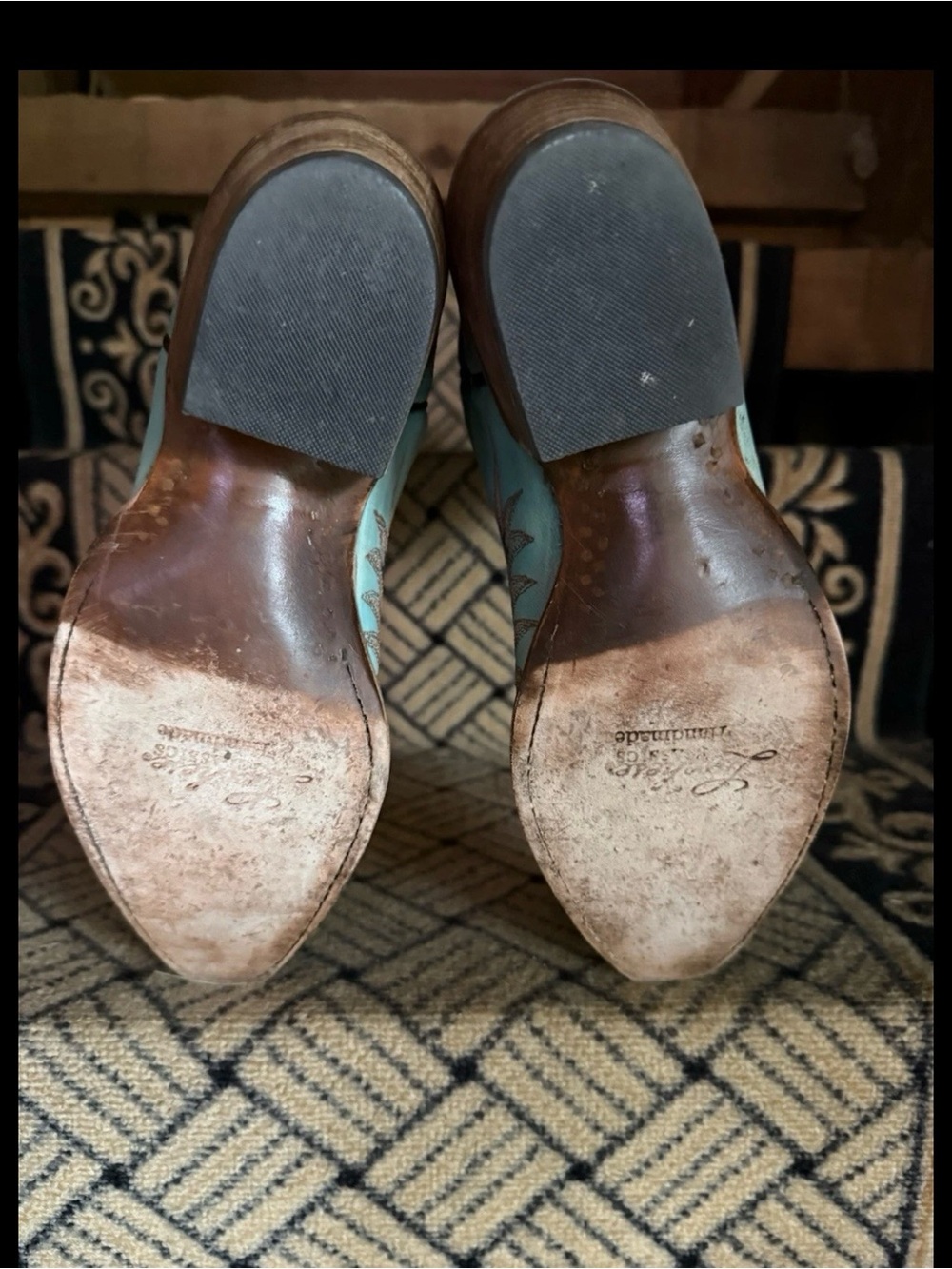 LUCCHESE DESTROYED GOAT LEATHER EAGLE STITCHED TURQUOISE COWBOY BOOTS, size 6 - Picture 5 of 6